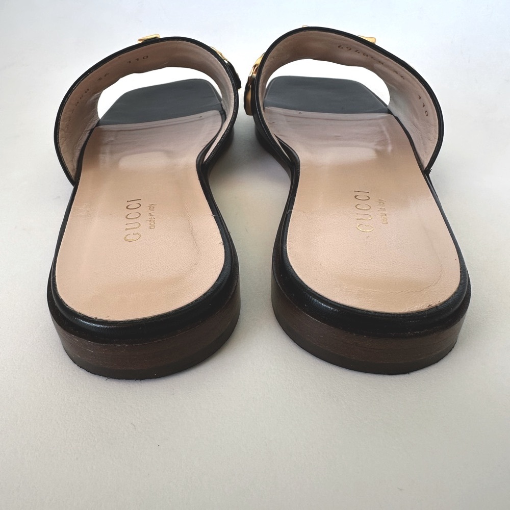 Authentic Gucci Black Sandals with Gold Metal Logo - Picture 6 of 7